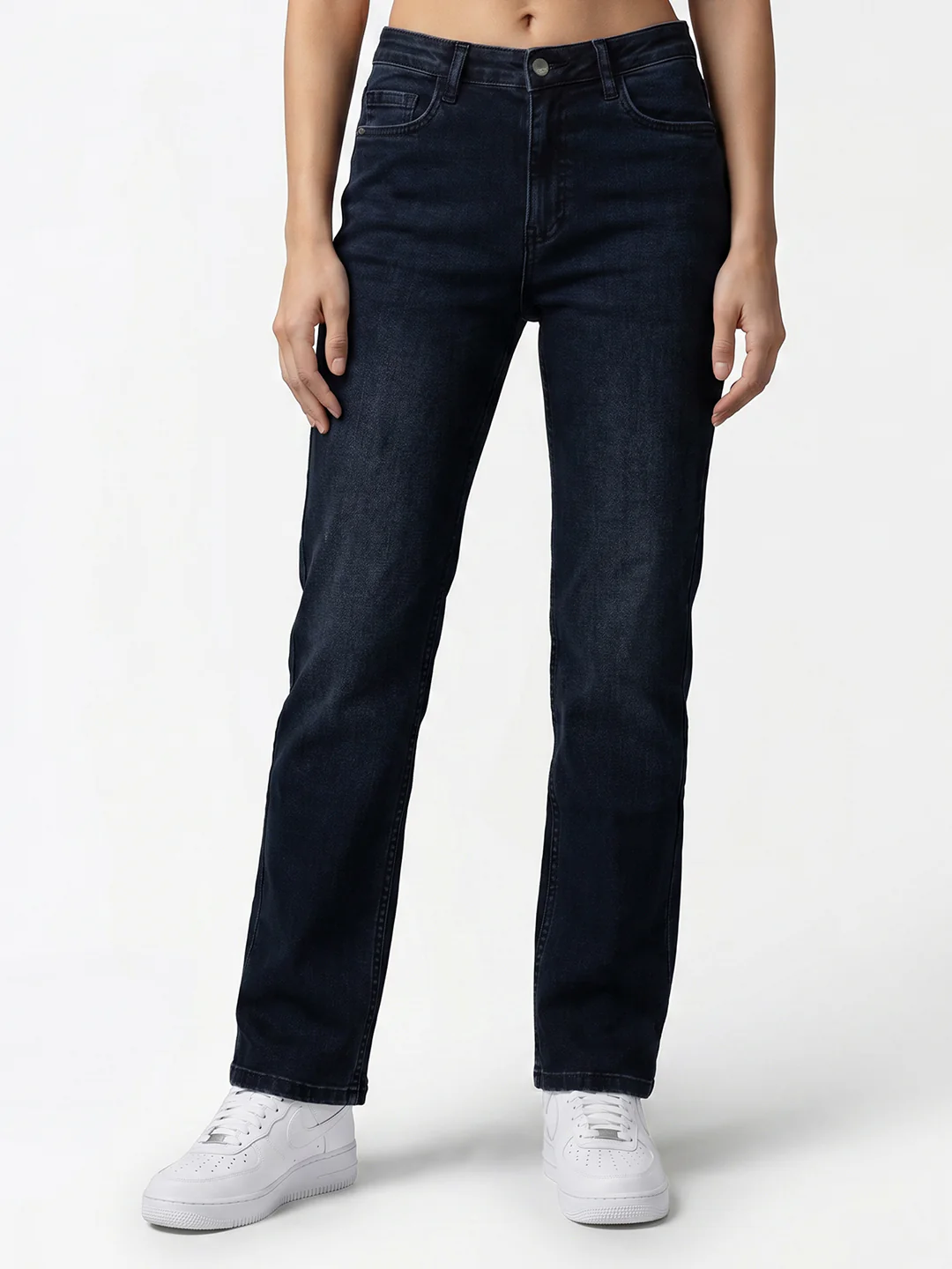 Women Dark Blue High-Rise Slim Straight Fit Jeans - Image 2