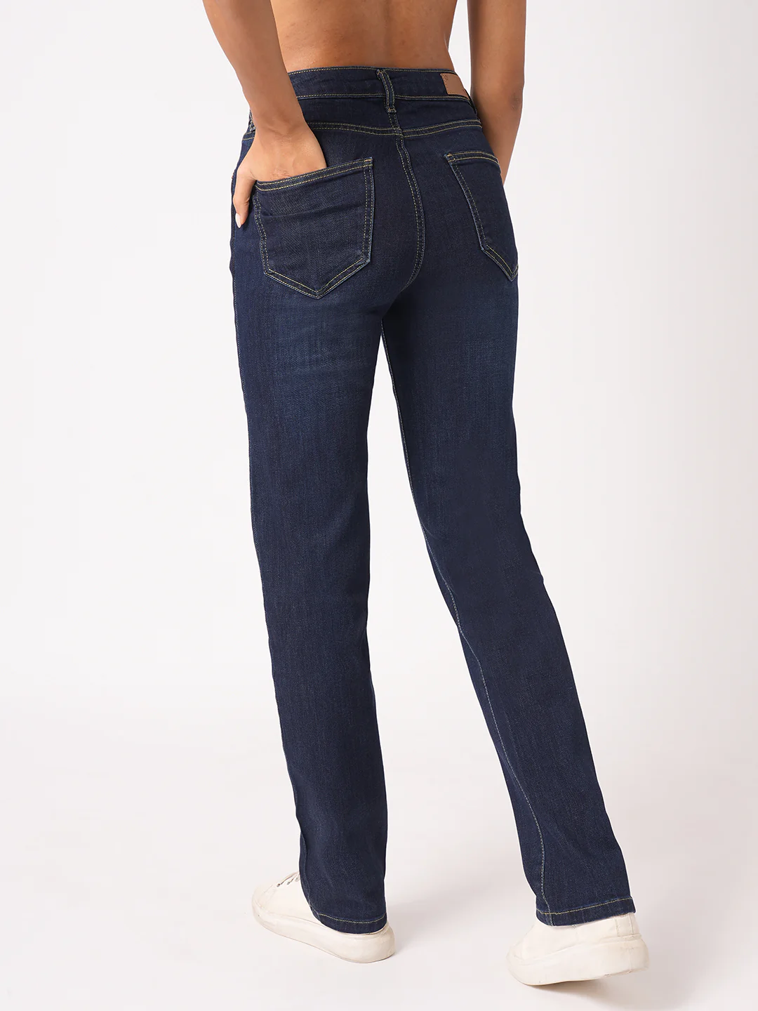 Women Dark Blue High-Rise Slim Straight Fit Jeans - Image 3