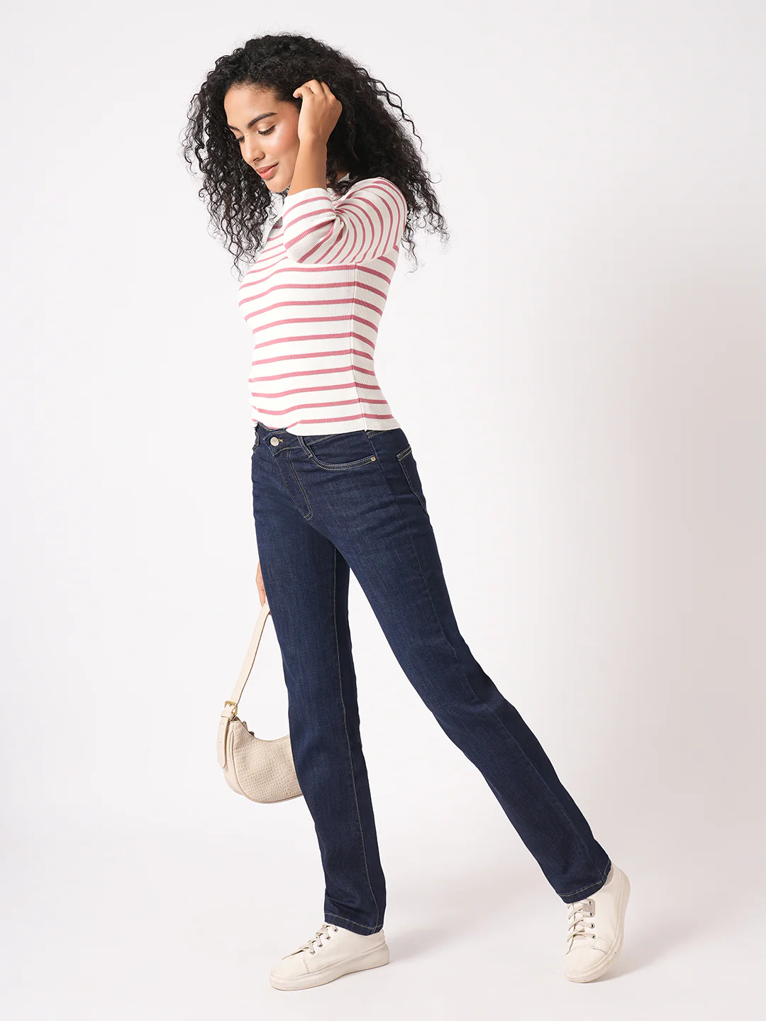 Women Dark Blue High-Rise Slim Straight Fit Jeans - Image 4