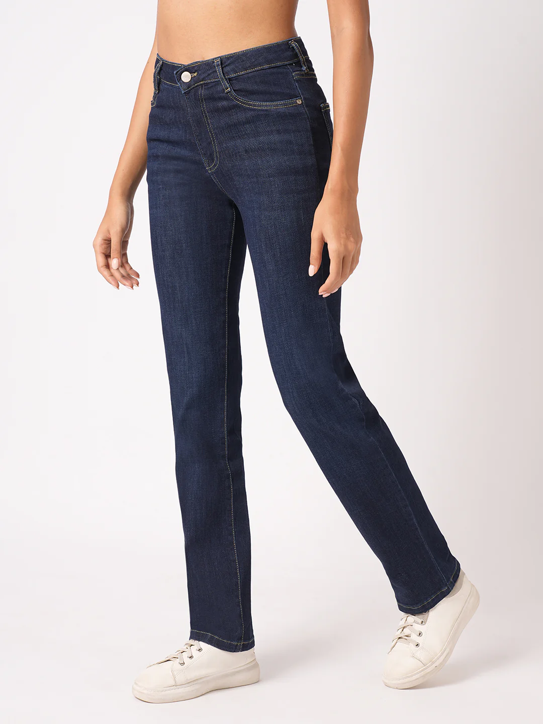 Women Dark Blue High-Rise Slim Straight Fit Jeans - Image 7