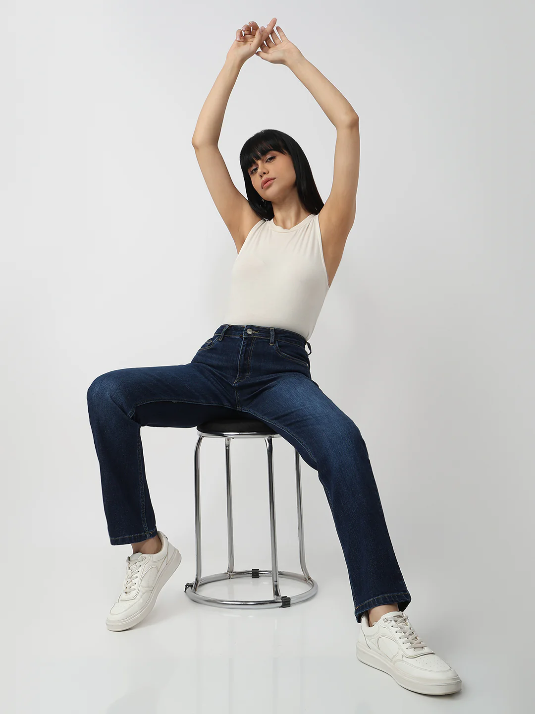 Women Dark Blue High-Rise Slim Straight Fit Jeans