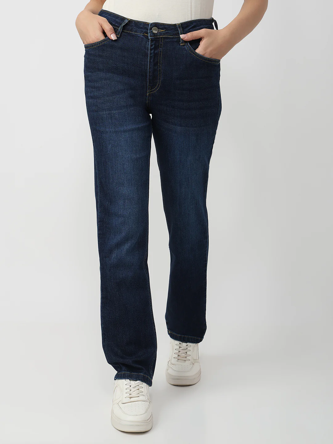 Women Dark Blue High-Rise Slim Straight Fit Jeans - Image 2