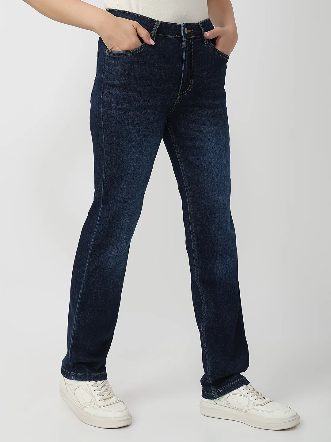 Women Dark Blue High-Rise Slim Straight Fit Jeans - Image 5