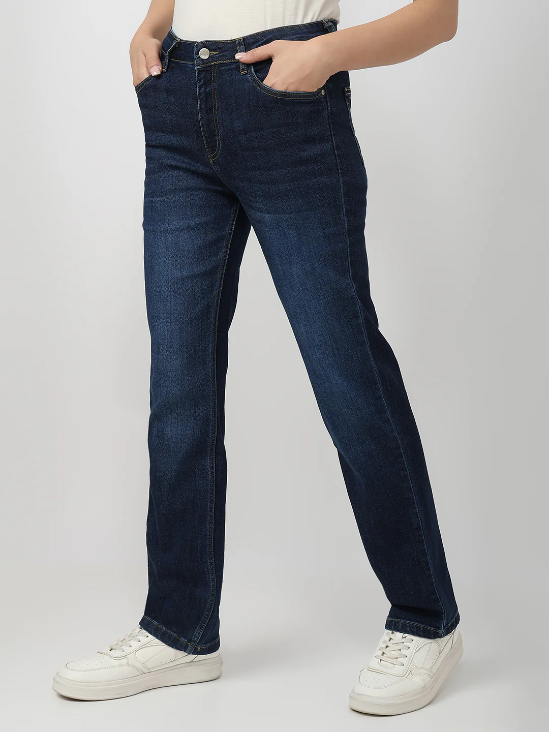 Women Dark Blue High-Rise Slim Straight Fit Jeans - Image 7