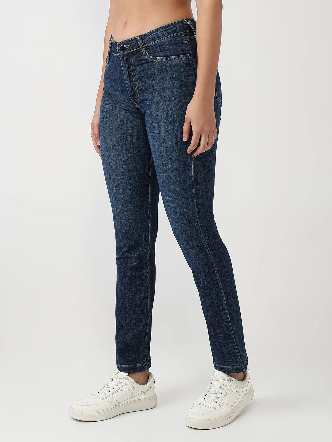 Women Dark Blue High-Rise Slim Straight Fit Jeans - Image 4