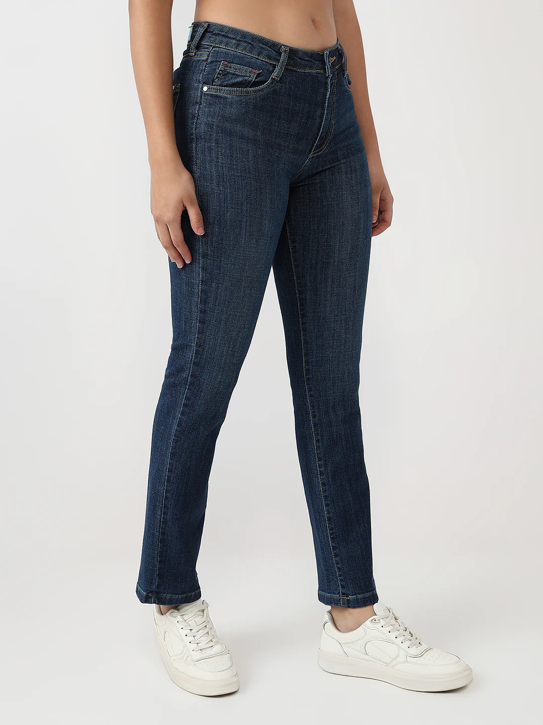 Women Dark Blue High-Rise Slim Straight Fit Jeans - Image 5
