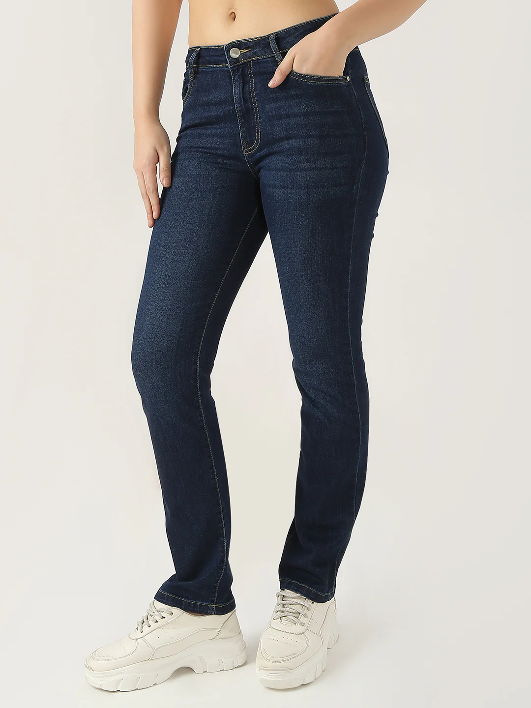 Women Dark Blue High-Rise Slim Straight Jeans - Image 4