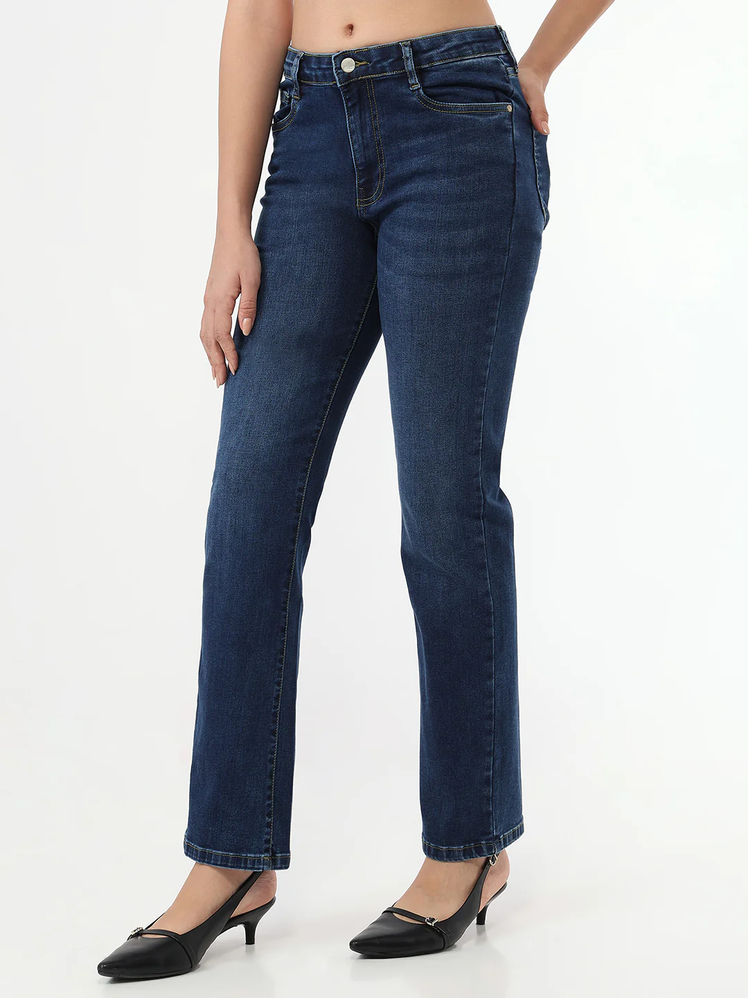 Women Dark Blue High-Rise Slim Straight Jeans - Image 3