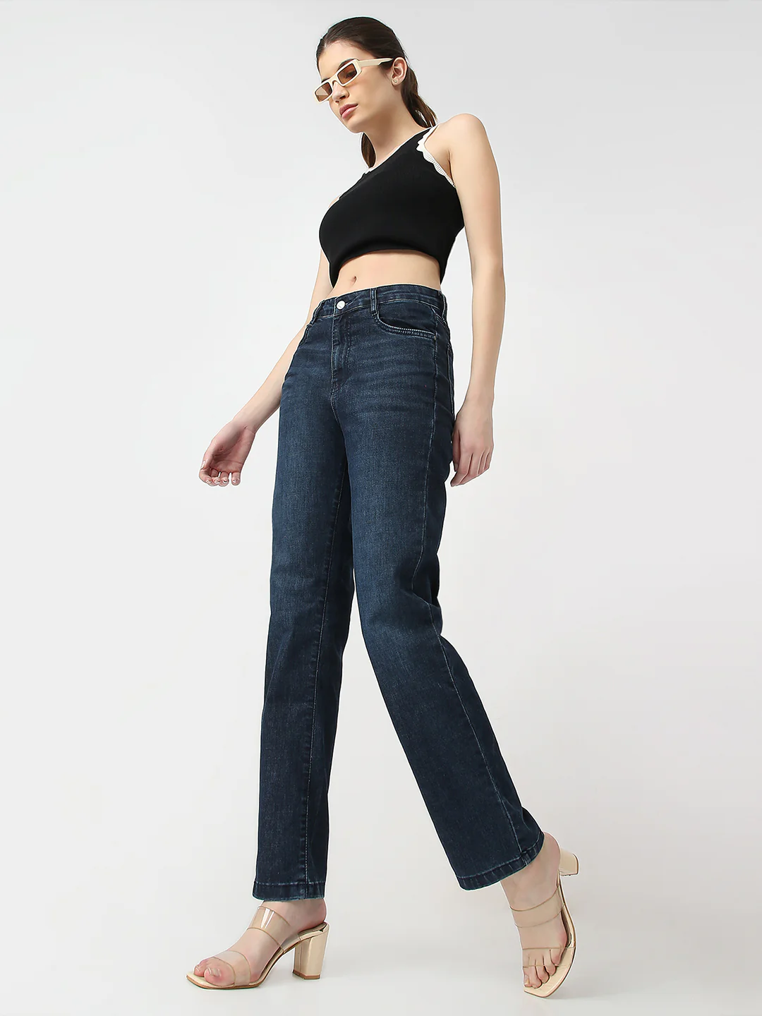 Women Dark Blue High-Rise Slim Straight Jeans