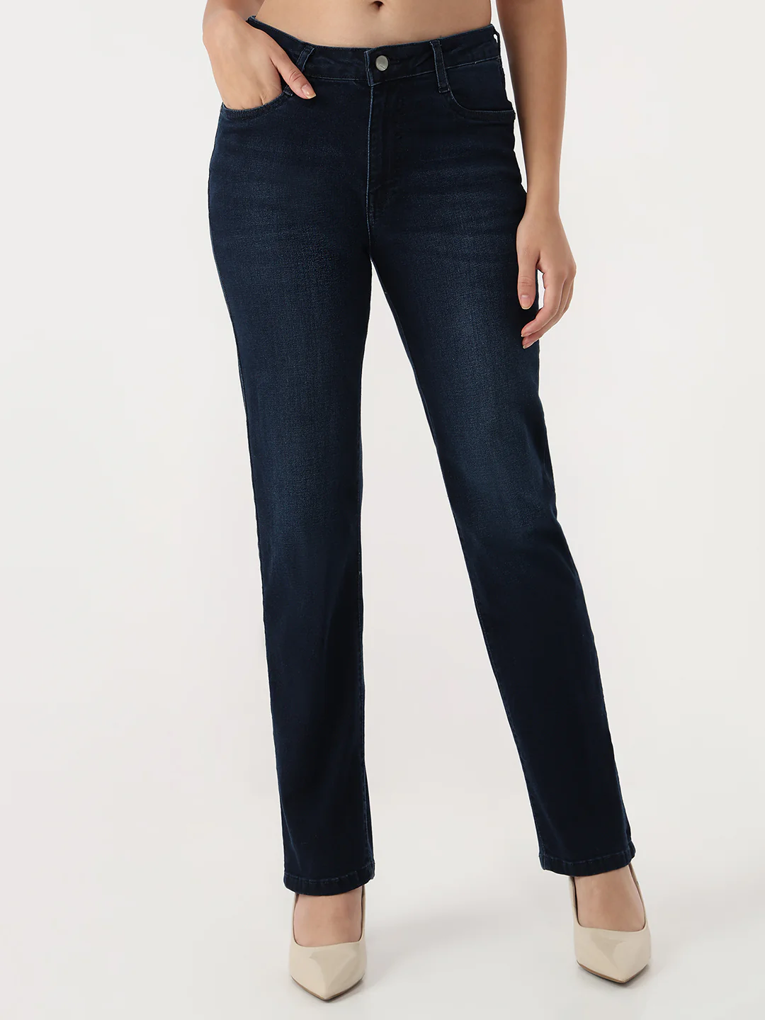 Women Dark Blue High-Rise Slim Straight Jeans - Image 2
