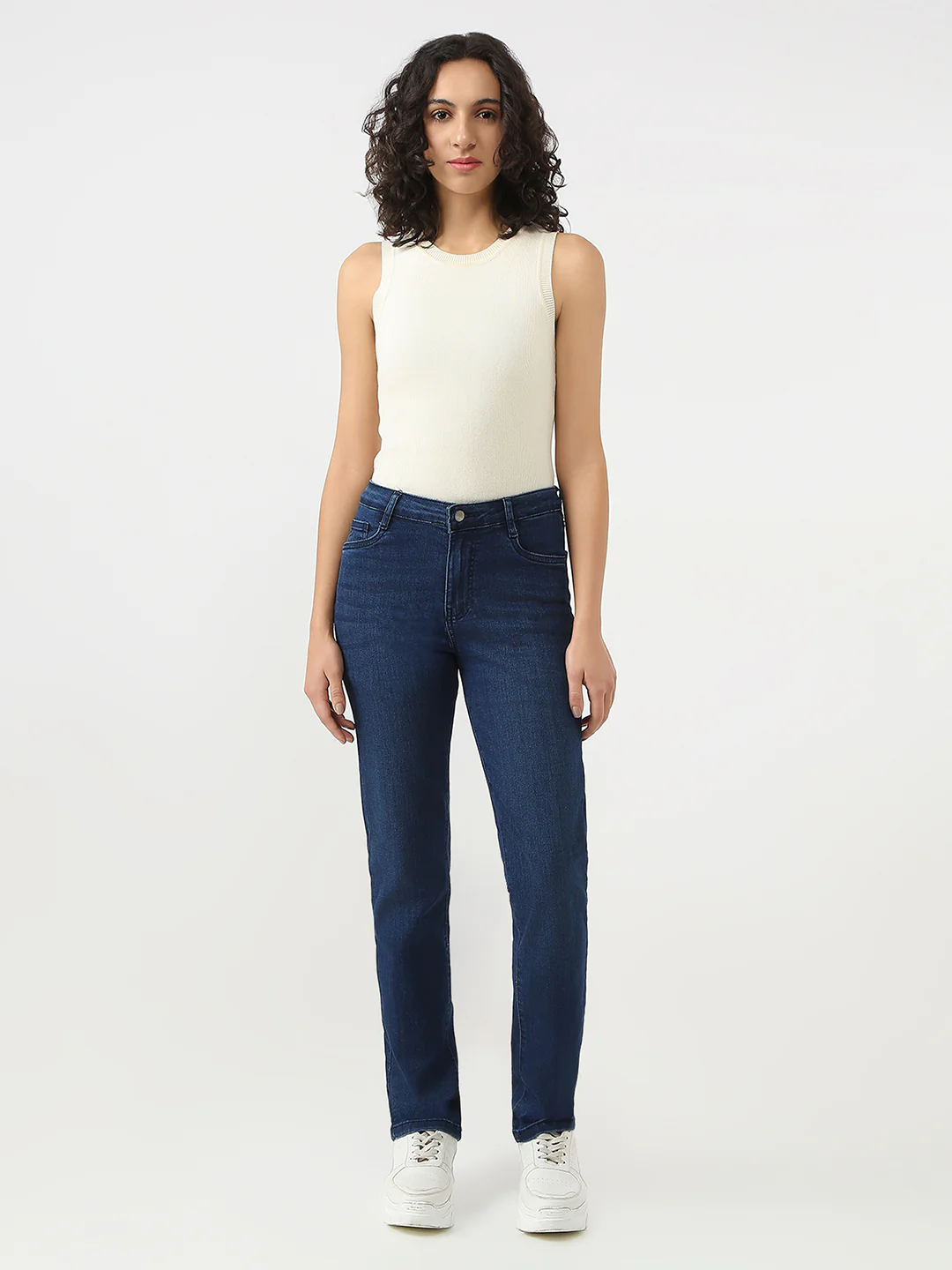Women Dark Blue High-Rise Snug Straight Jeans - Image 4