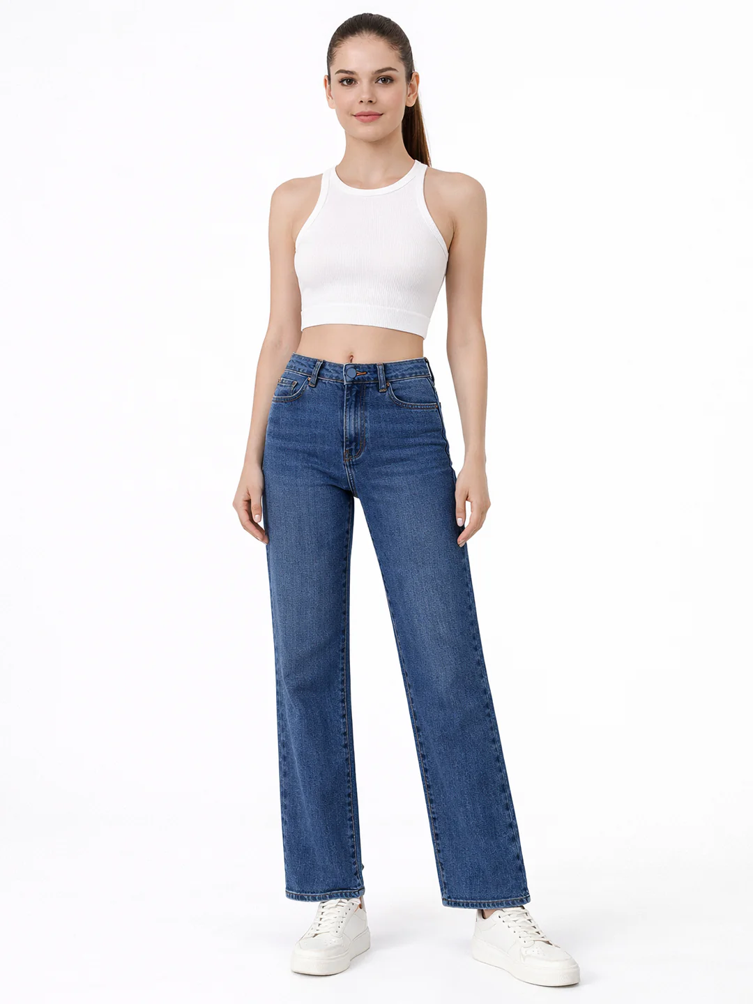 Women Dark Blue High-Rise Straight Fit Jeans - Image 4