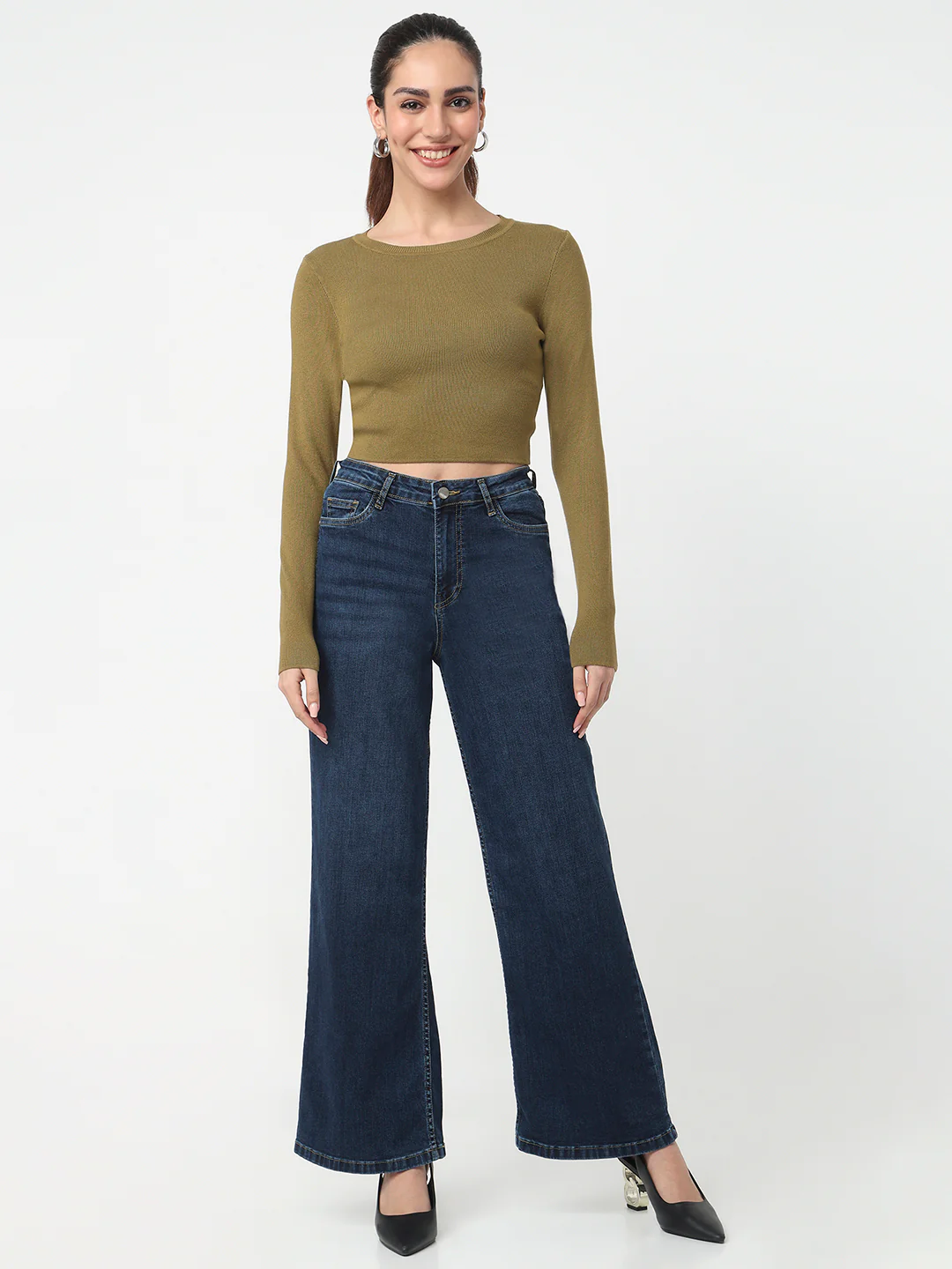 Women Dark Blue High-Rise Super Wide Leg Jeans - Image 4