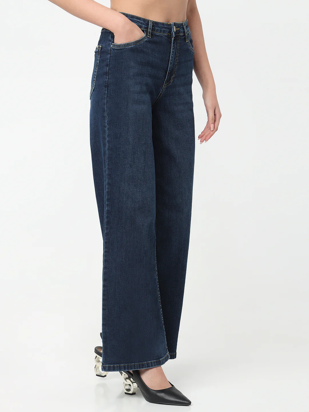 Women Dark Blue High-Rise Super Wide Leg Jeans - Image 6