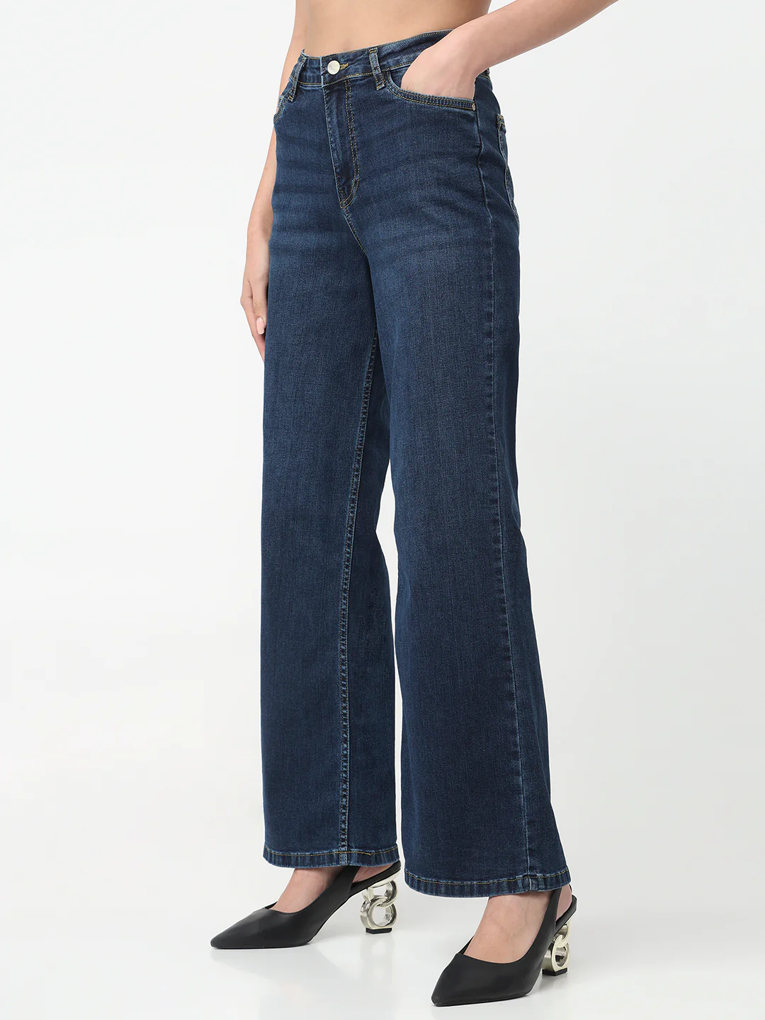 Women Dark Blue High-Rise Super Wide Leg Jeans - Image 8