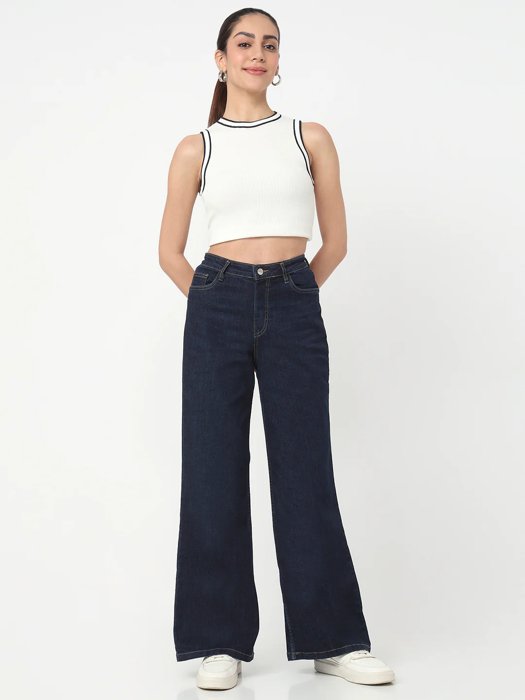 Women Dark Blue High-Rise Super Wide Leg Jeans - Image 4