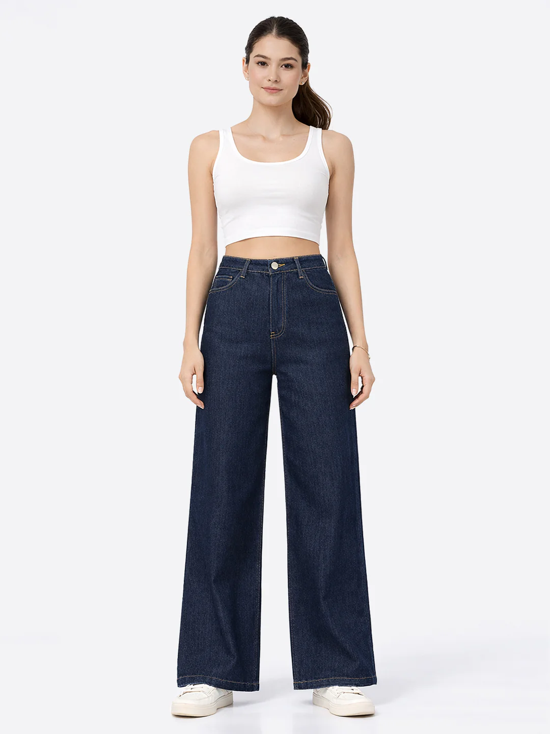Women Dark Blue High-Rise Super Wide Leg Jeans - Image 4