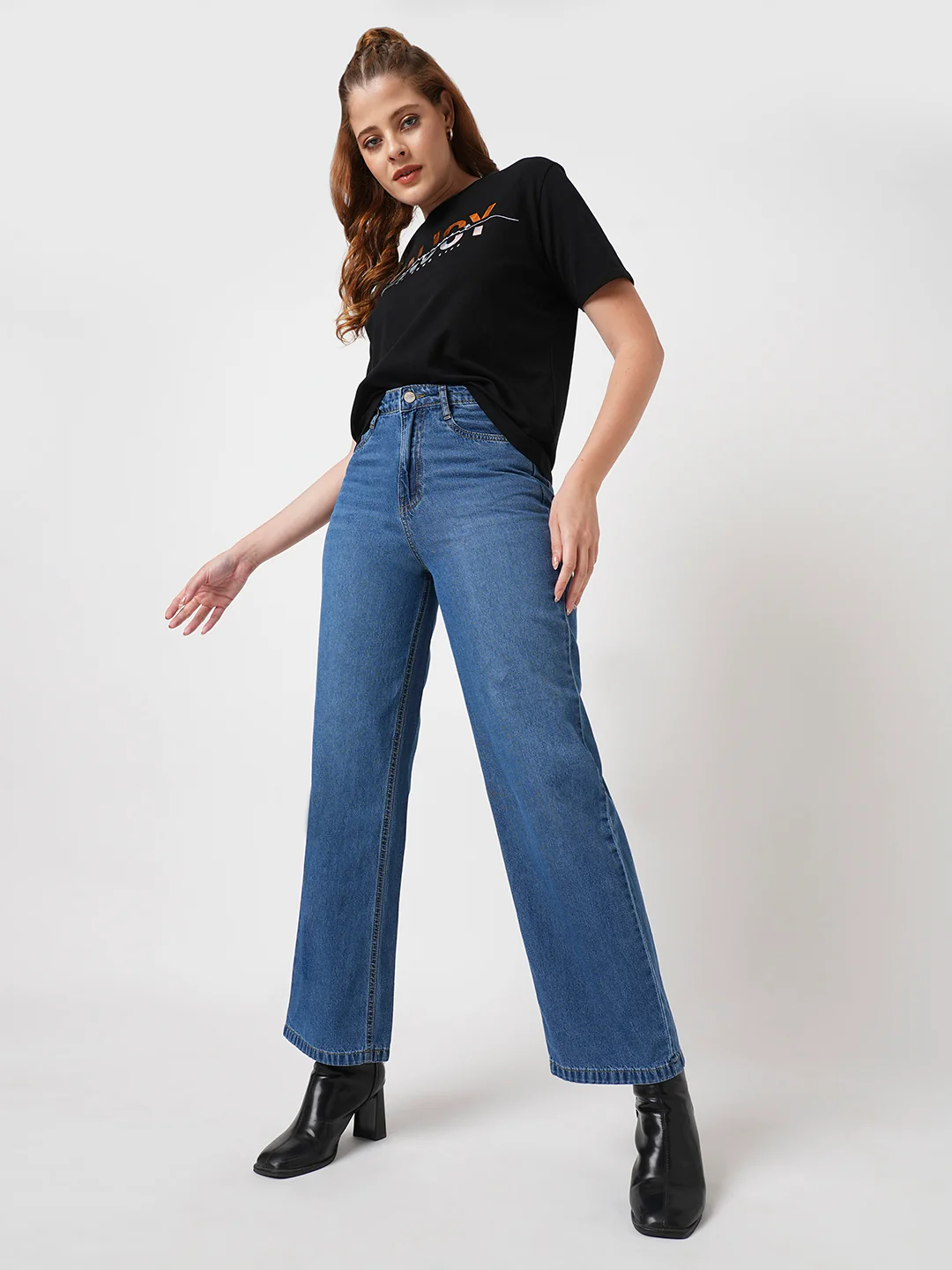 Women Dark Blue High-Rise Wide Leg Jeans