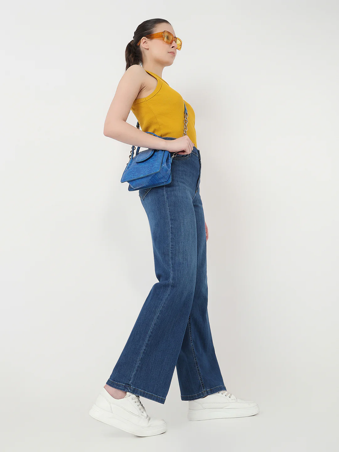 Women Dark Blue High-Rise Wide Leg Jeans