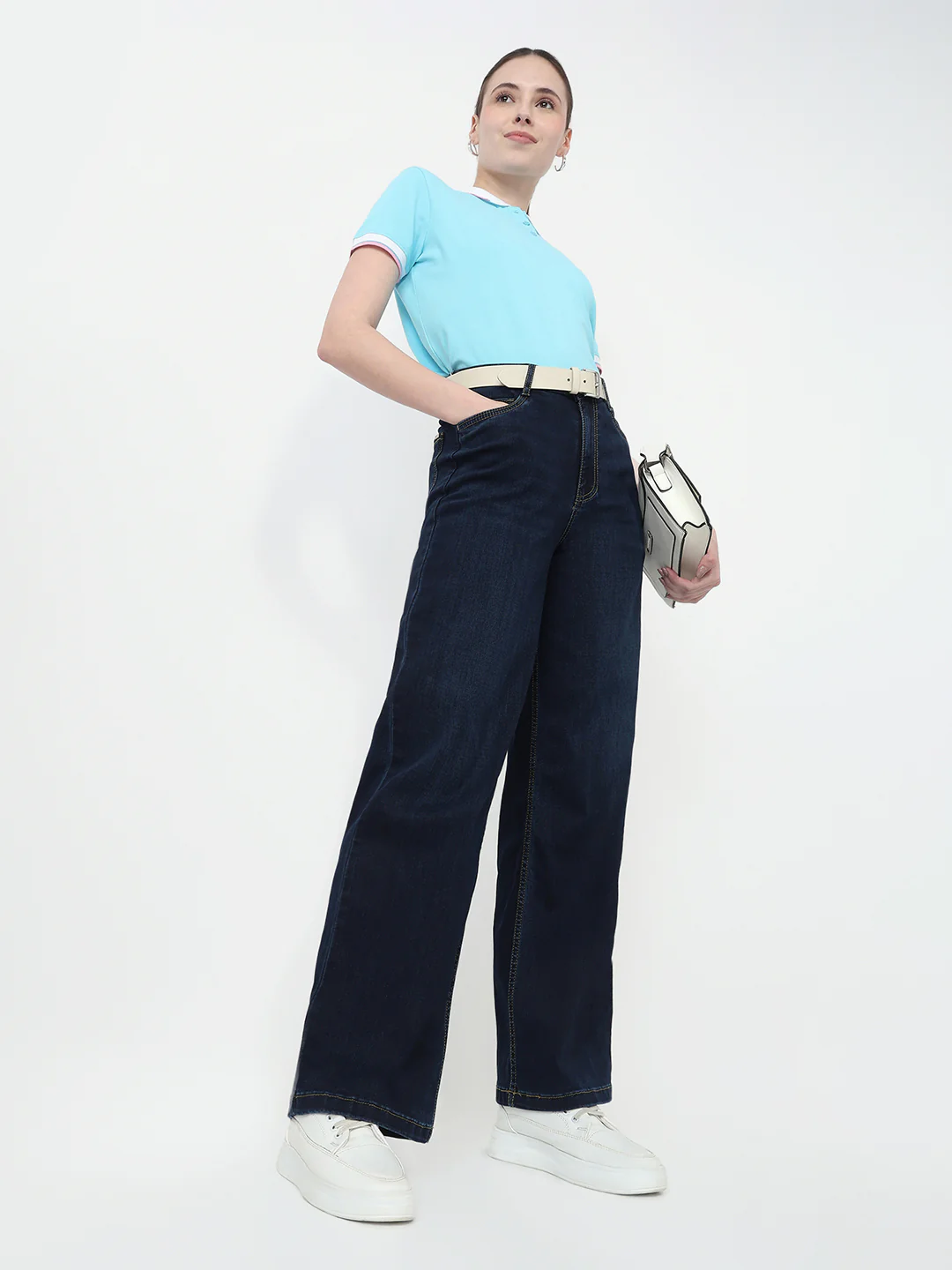 Women Dark Blue High-Rise Wide Leg Jeans
