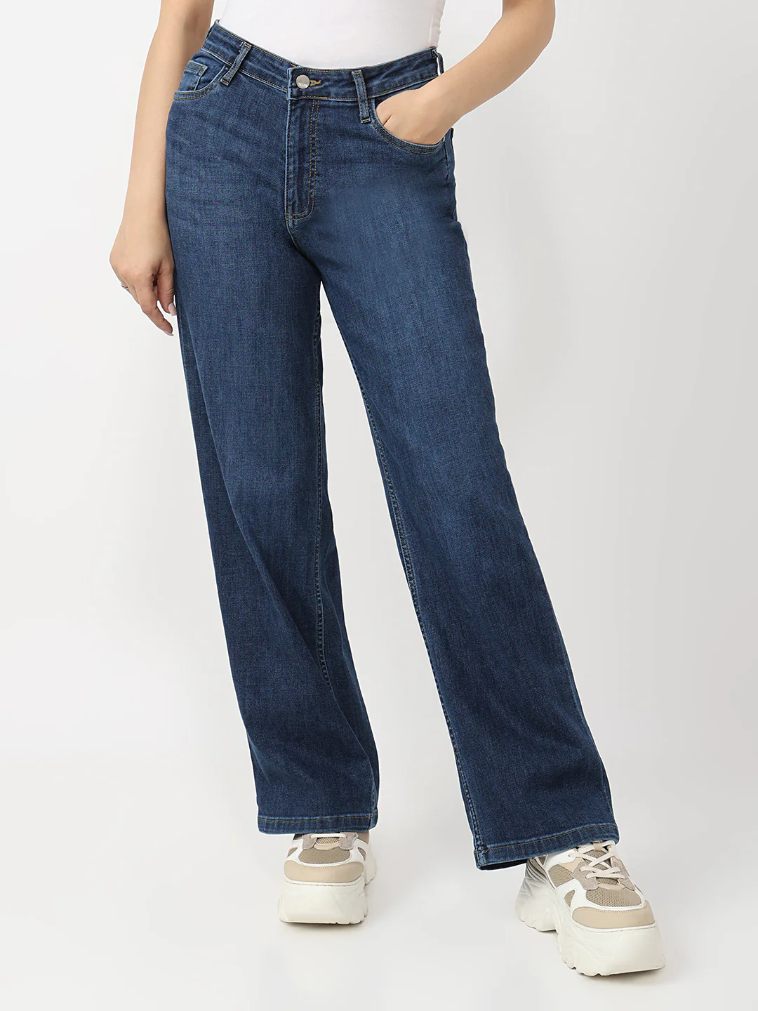 Women Dark Blue High-Rise Wide Leg Jeans - Image 2