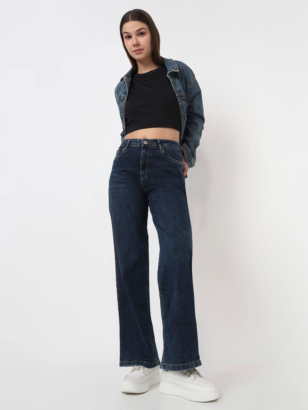Women Dark Blue High-Rise Wide Leg Jeans