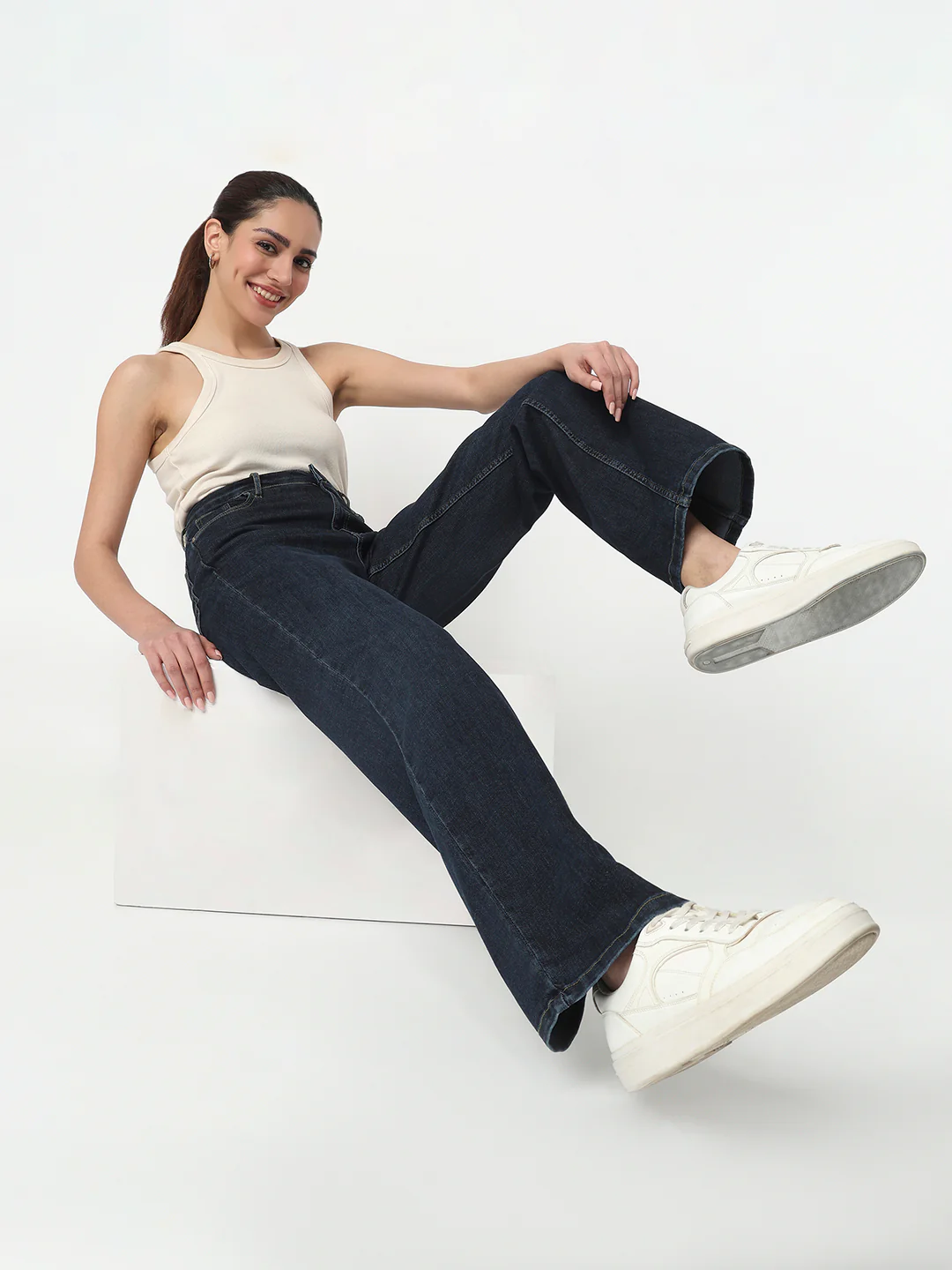 Women Dark Blue High-Rise Wide Leg Jeans