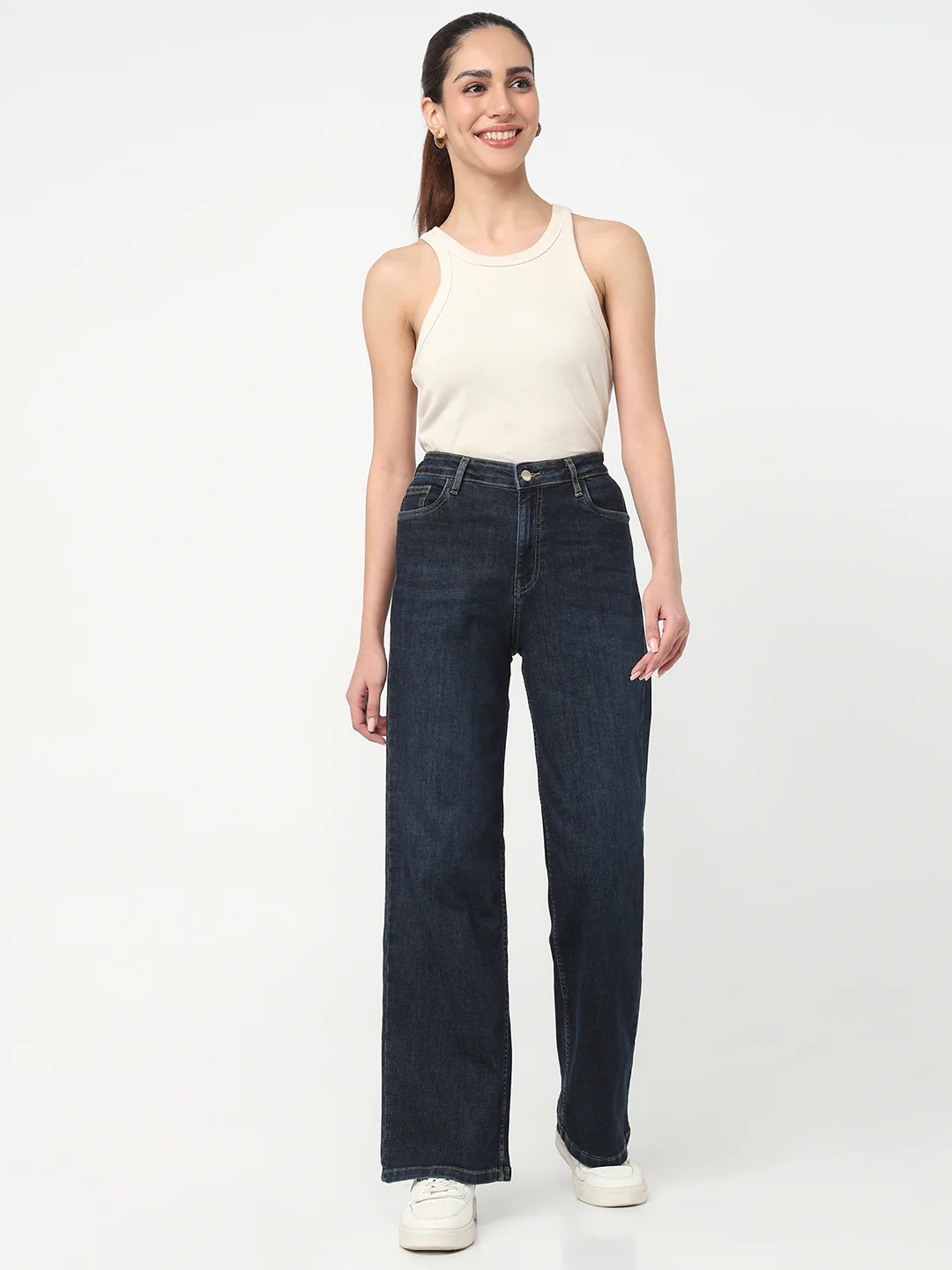 Women Dark Blue High-Rise Wide Leg Jeans - Image 4