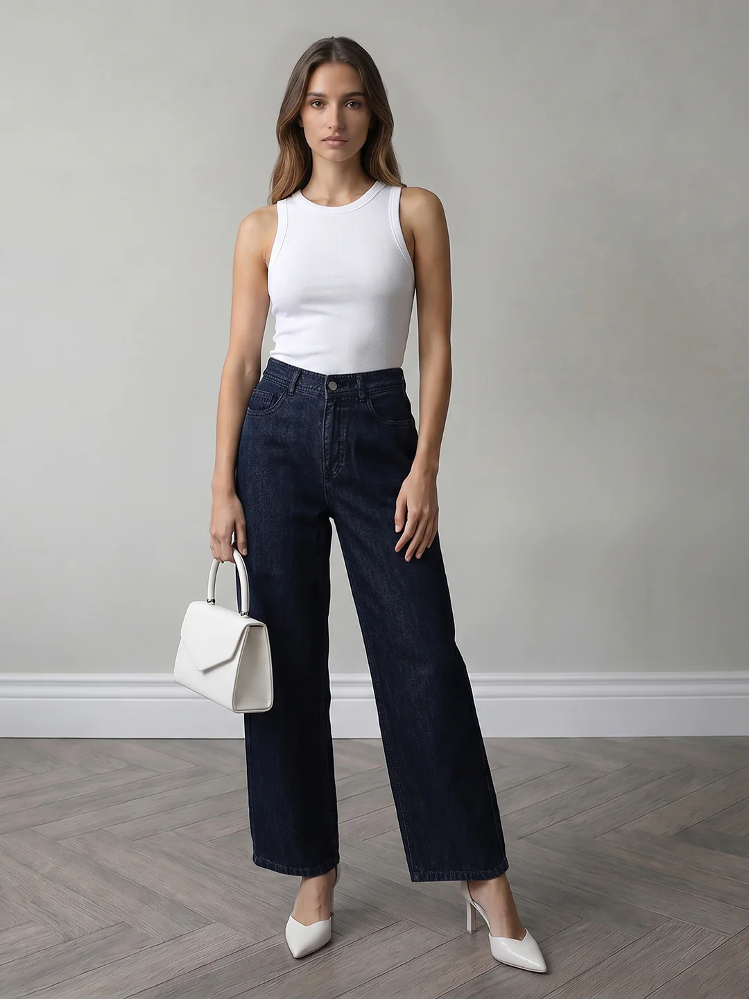 Women Dark Blue High-Rise Wide Leg Jeans