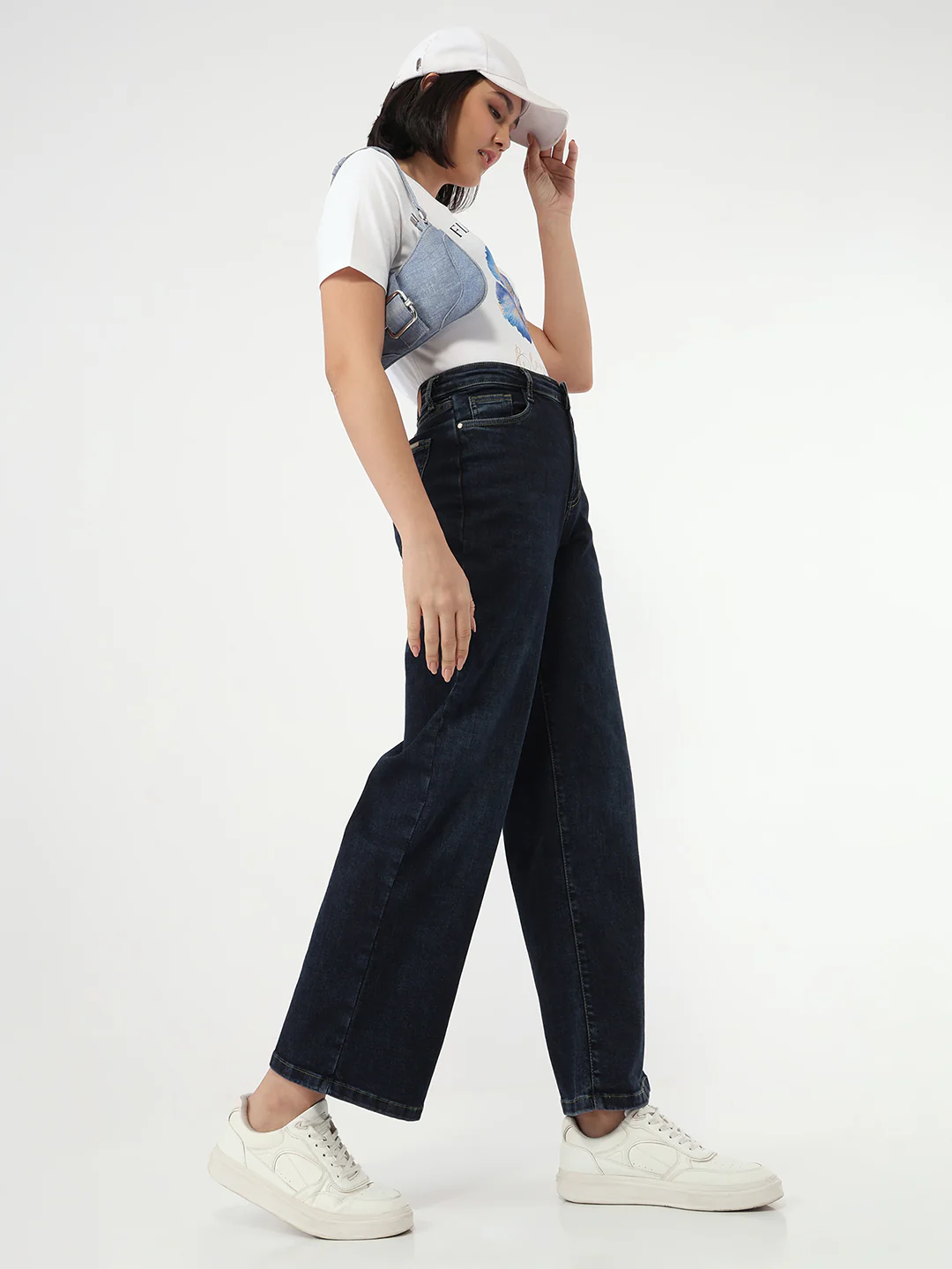 Women Dark Blue High-Rise Wide Leg Jeans