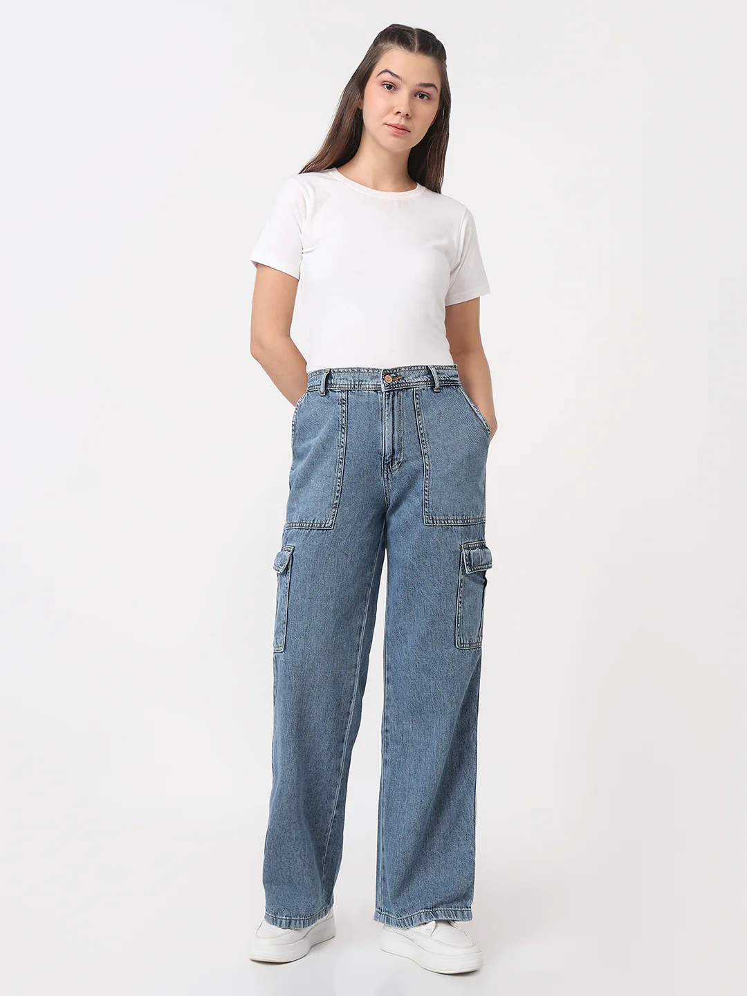 Women Dark Blue Mid-Rise Cargo - Image 4