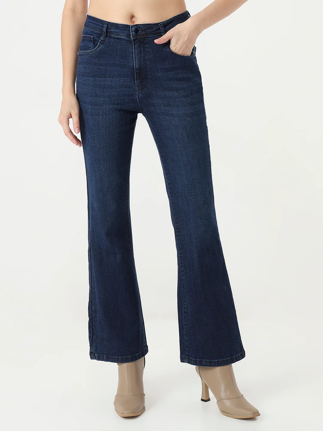 Women Dark Blue Mini Flare Jeans - Image 2