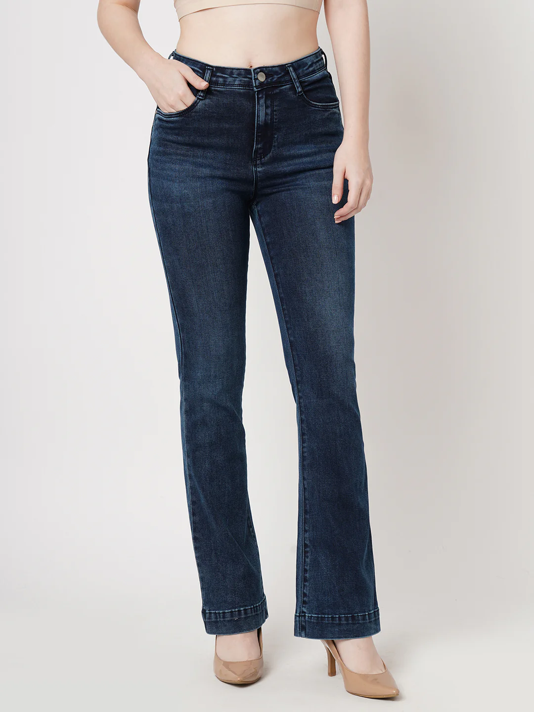 Women Dark Blue Mini Flare Jeans - Image 2