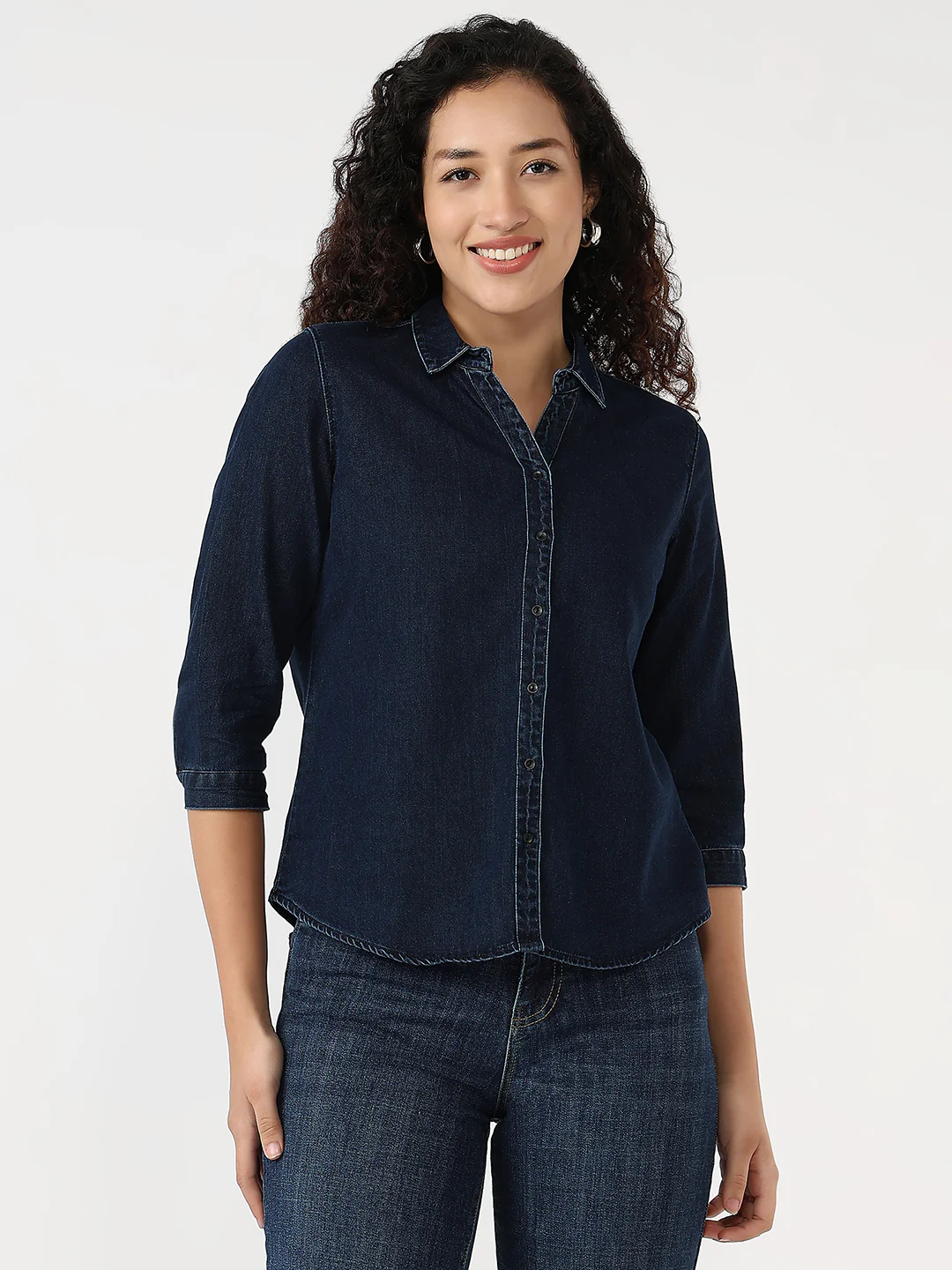Women Dark Blue Slim Shirt - Image 2