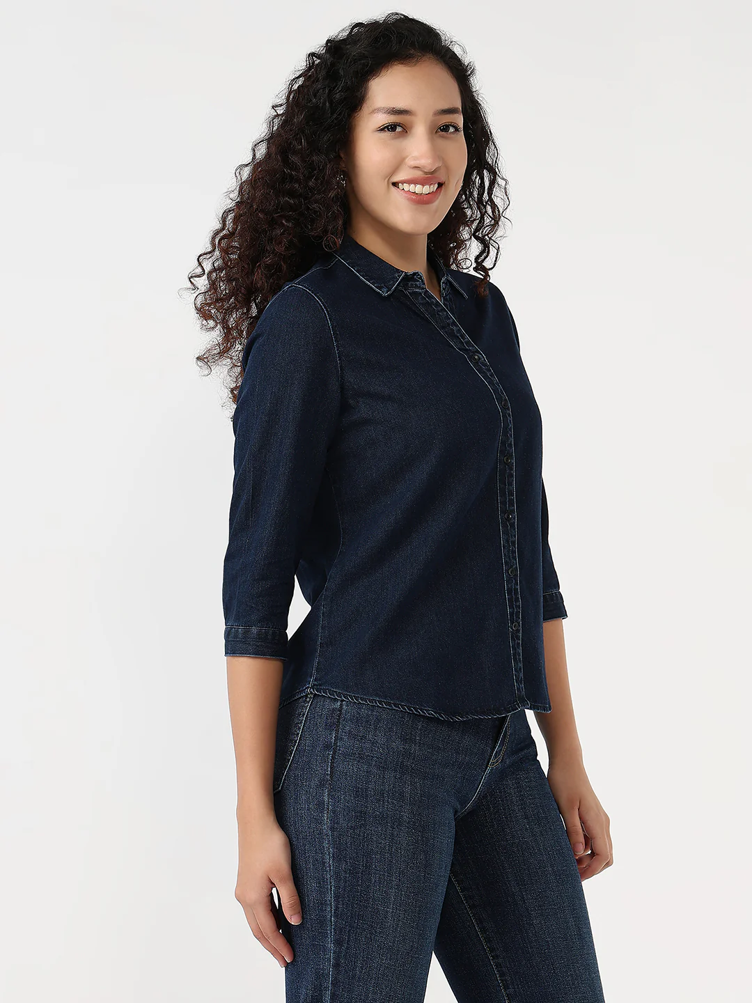 Women Dark Blue Slim Shirt - Image 4