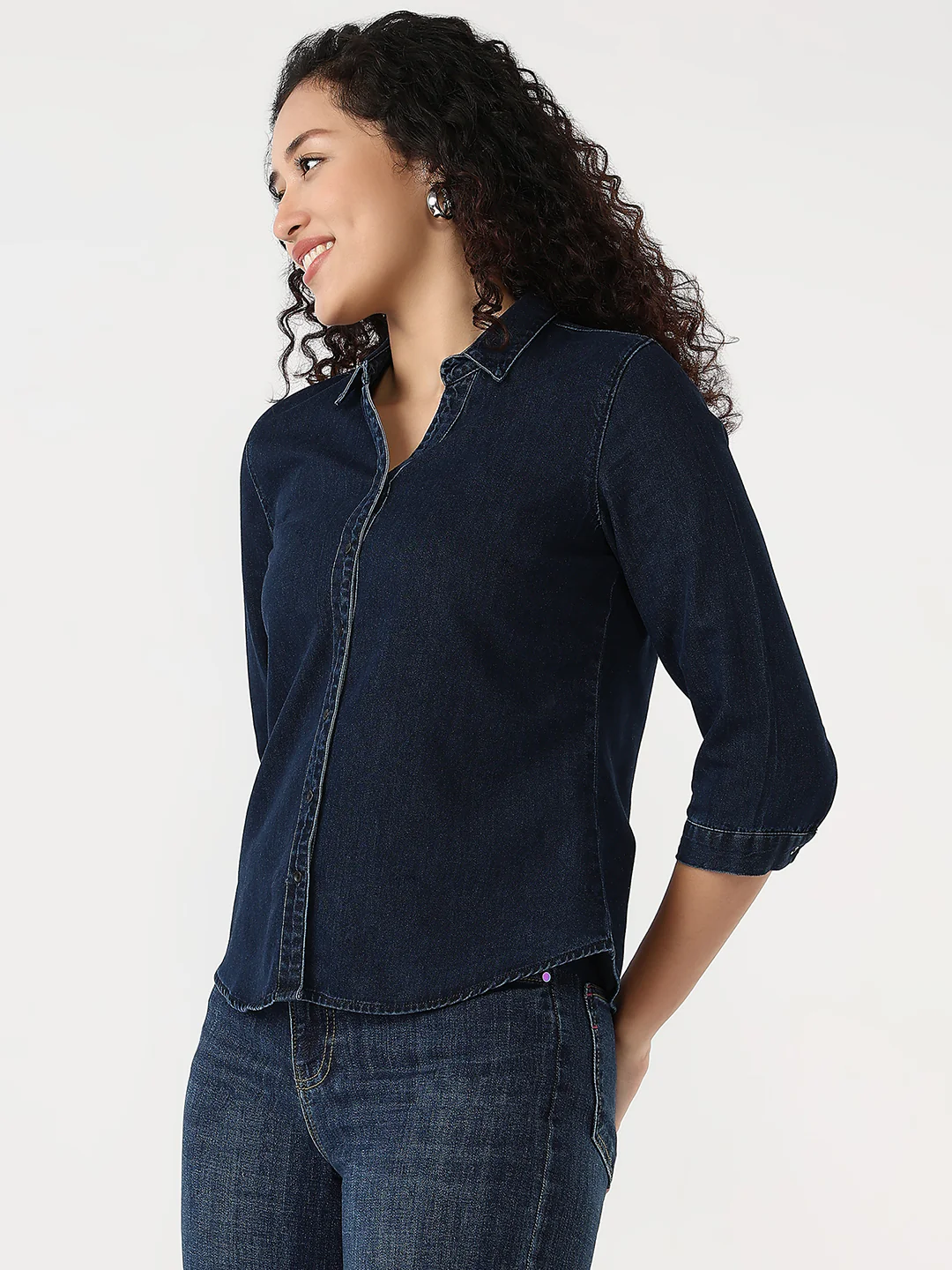 Women Dark Blue Slim Shirt - Image 5