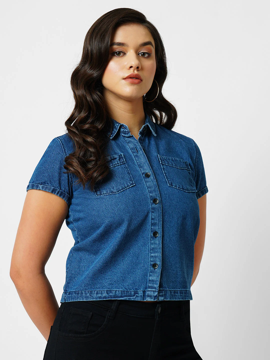 Women Dark Blue Slim Shirt - Image 4