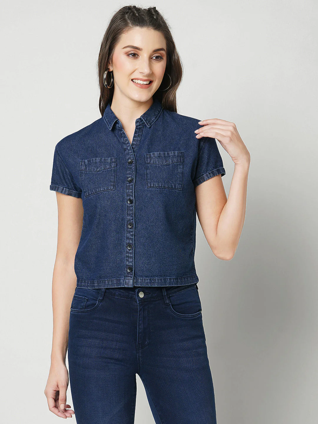 Women Dark Blue Slim Shirt