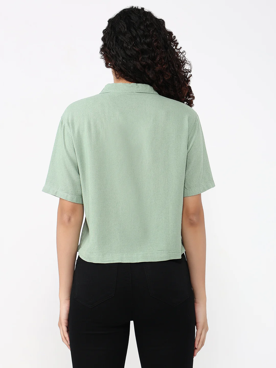 Women Dark Mint Slim Fit Crop Shirt - Image 3