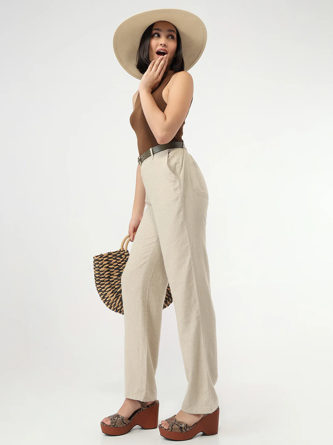 Women Dark Natural Loose Straight Korean Pants