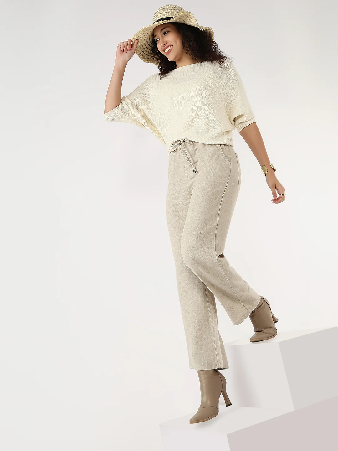 Women Dark Natural Loose Straight Paper Bag Pants