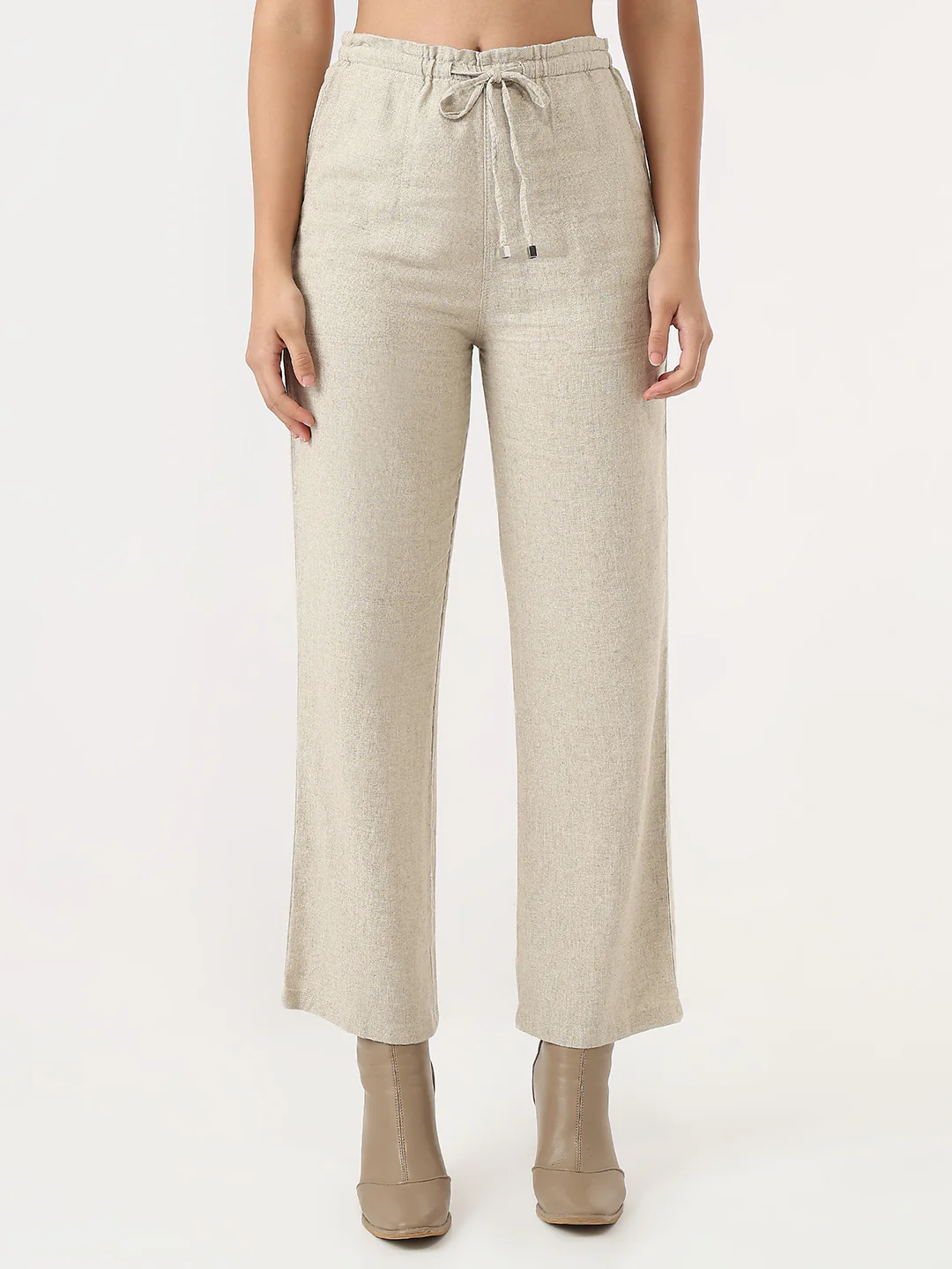 Women Dark Natural Loose Straight Paper Bag Pants - Image 2