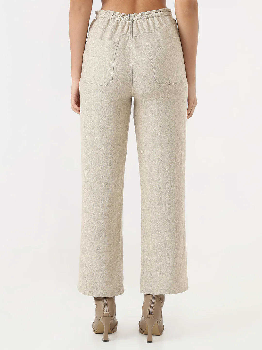 Women Dark Natural Loose Straight Paper Bag Pants - Image 3
