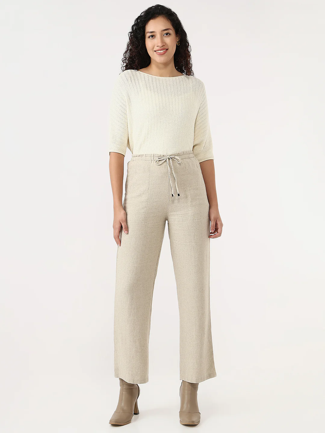 Women Dark Natural Loose Straight Paper Bag Pants - Image 4