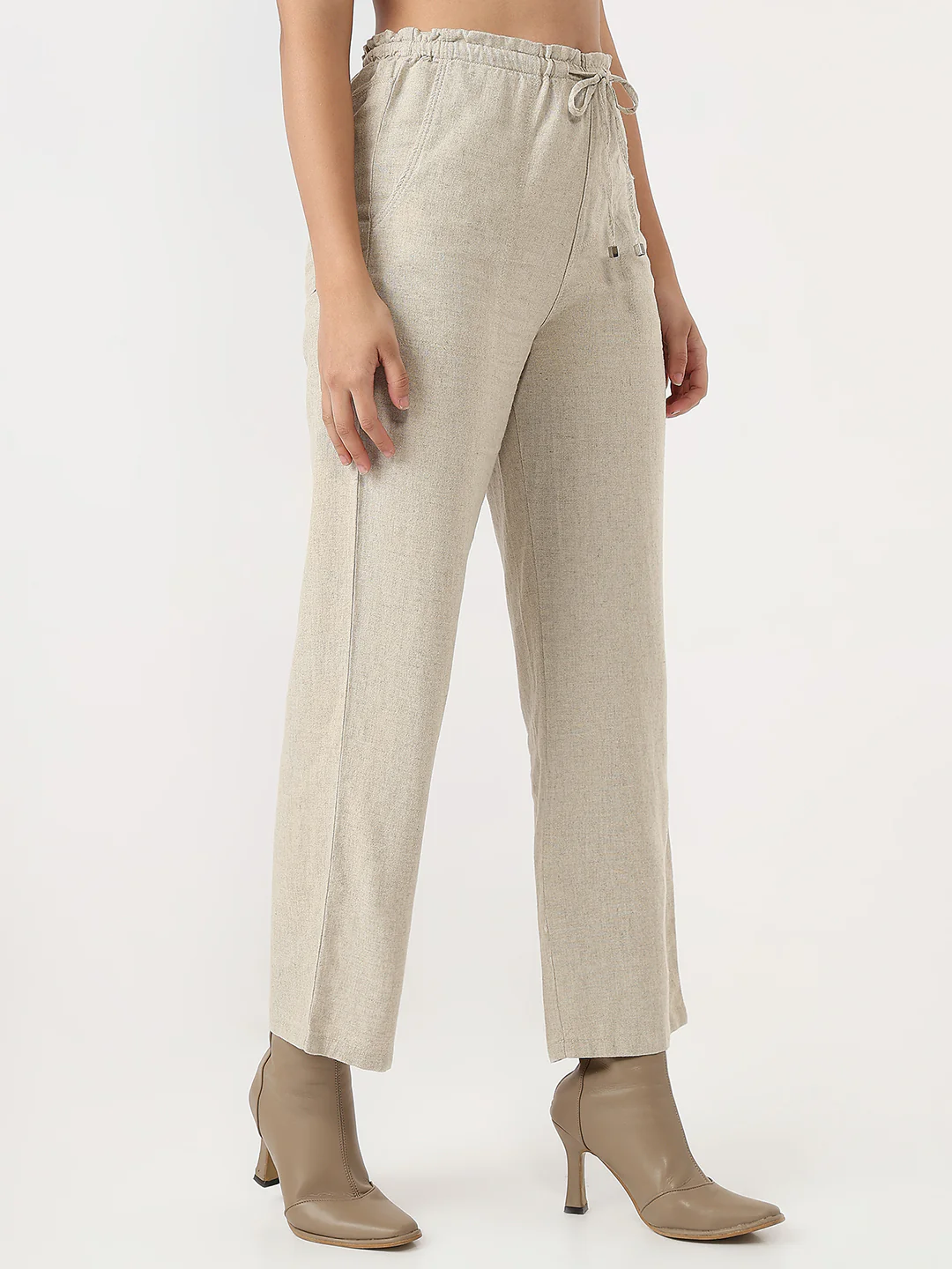 Women Dark Natural Loose Straight Paper Bag Pants - Image 5