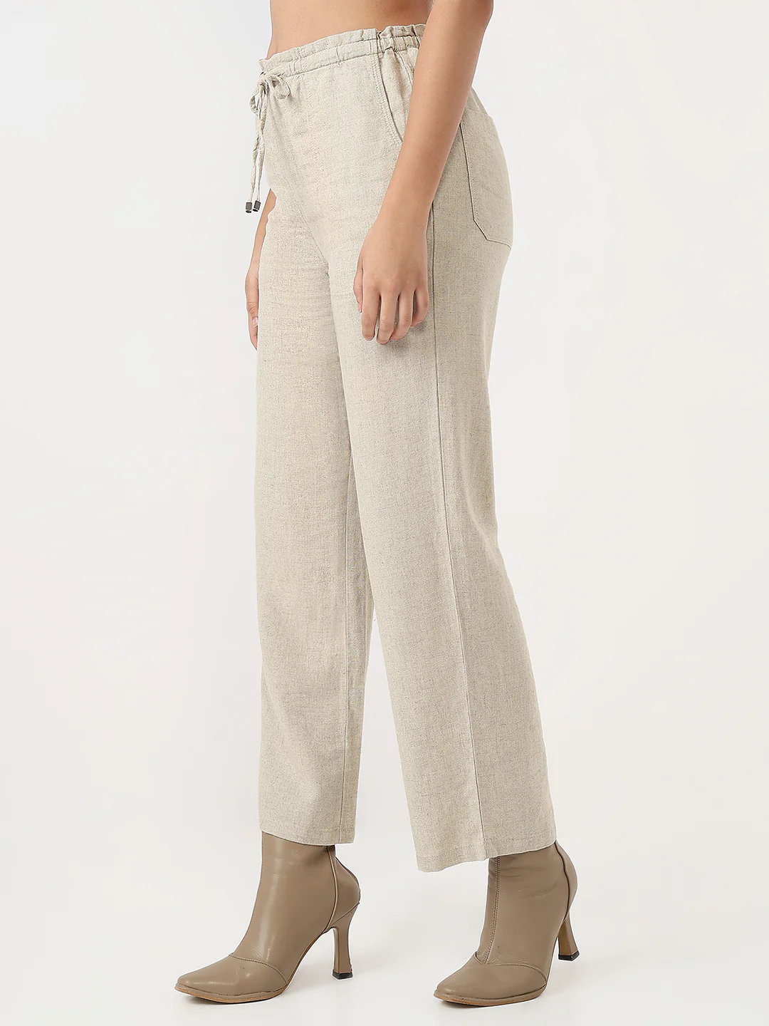 Women Dark Natural Loose Straight Paper Bag Pants - Image 7