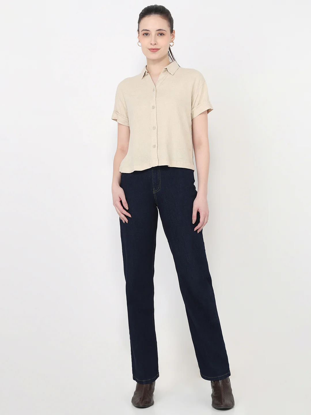Women Dark Natural Slim Fit Crop Shirt - Image 4