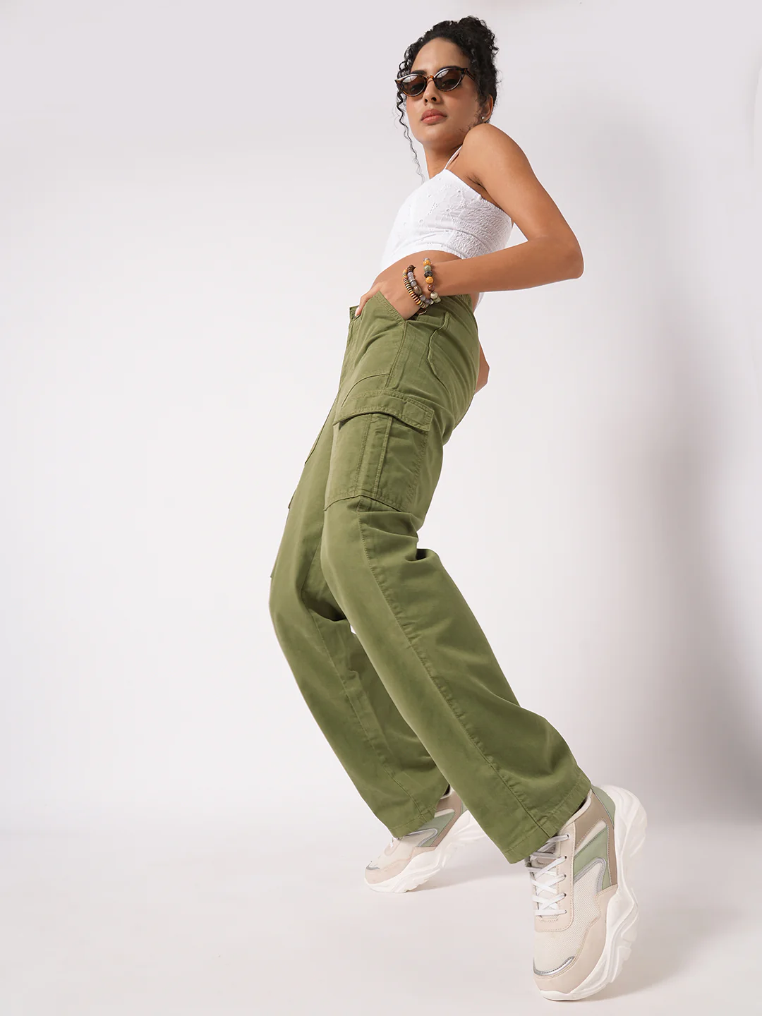 Women Dark Olive High-Rise Cargo