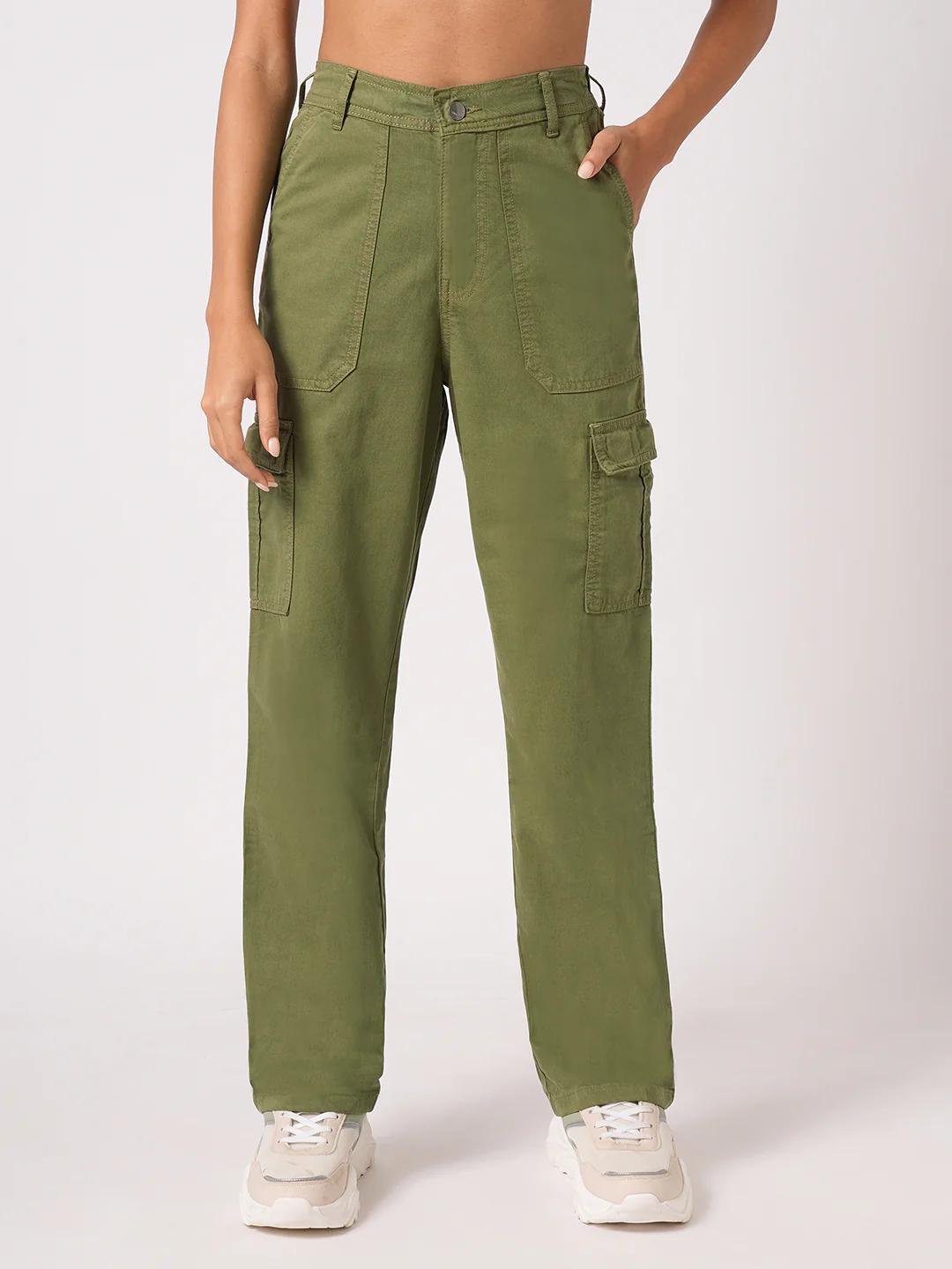 Women Dark Olive High-Rise Cargo - Image 2
