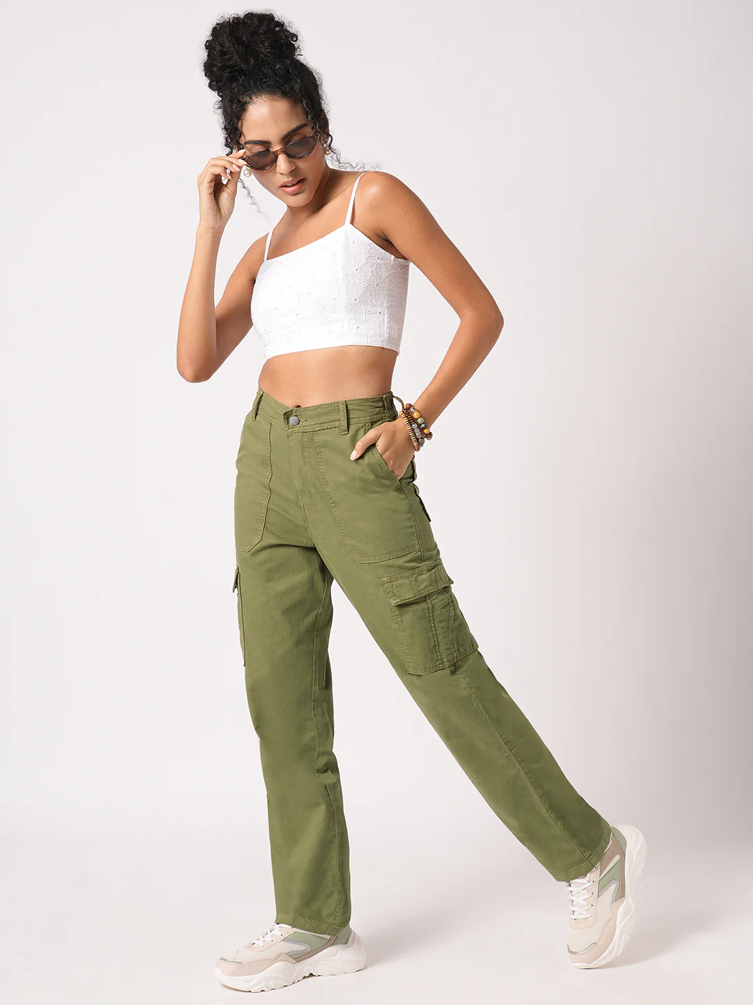 Women Dark Olive High-Rise Cargo - Image 4